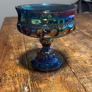 Iridescent Vintage Indiana Glass Kings Crown Blue Glass Compote Dish
